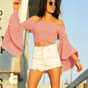 LF Gingham Crop Off Shoulder Bell Sleeve Top NEW